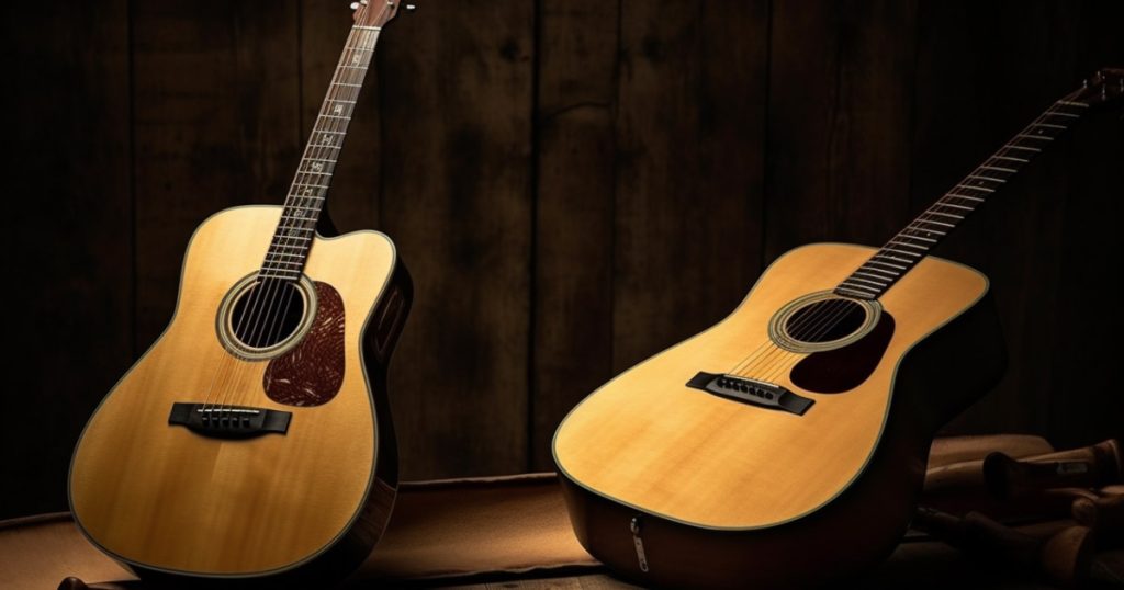 Two acoustic guitars, one dreadnought and one concert