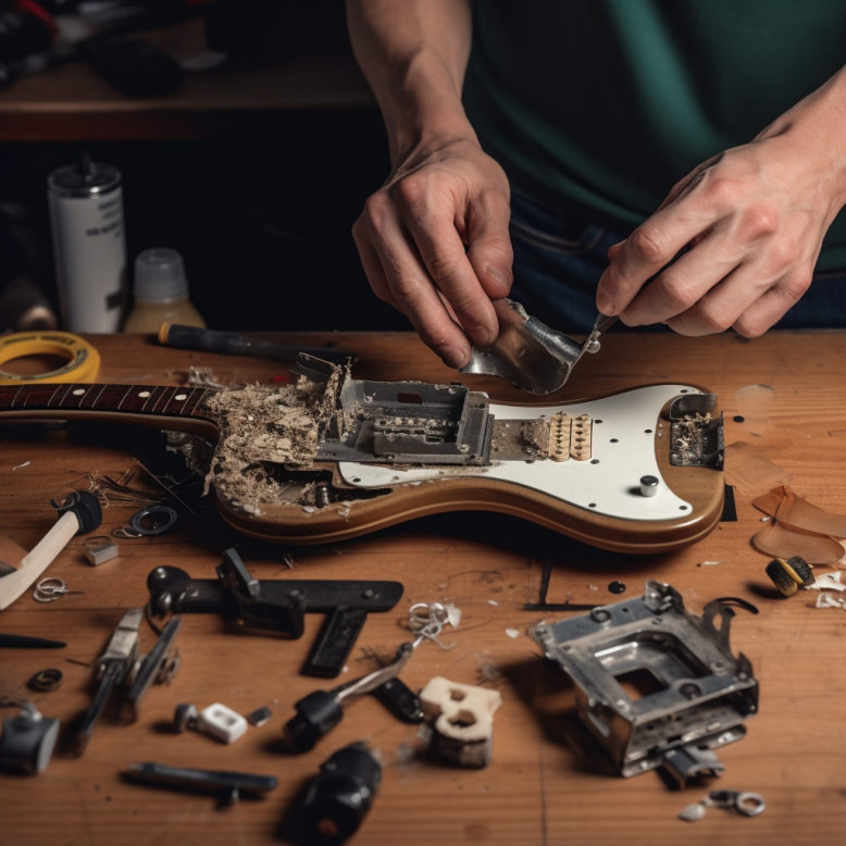image showing the step-by-step process of how to relic a guitar through disassembly and organization of its parts.